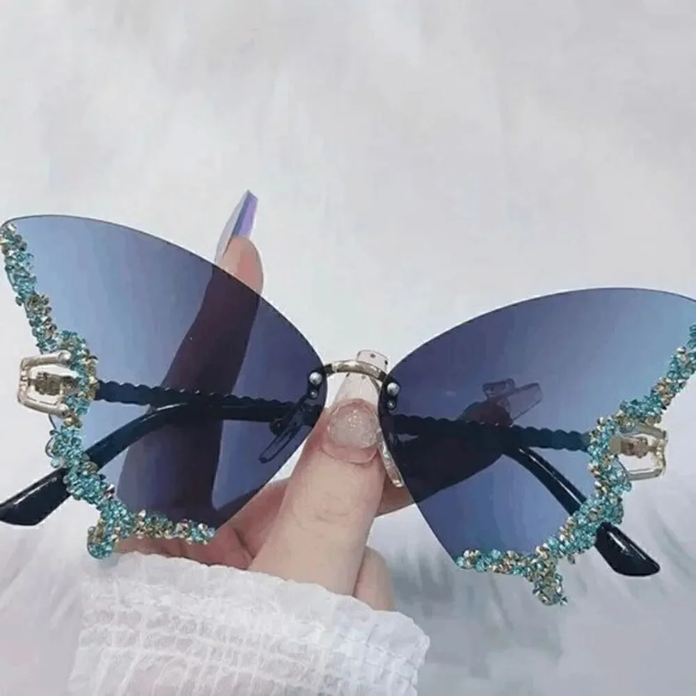 🦋✨ Rhinestone Diamond Butterfly Rimless Y2K Shades Sunglasses NEW